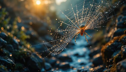 Dew kissed Spiderweb at Sunrise A Stunning Macro Photograph of a Spider on its Intricate Web with Water Droplets