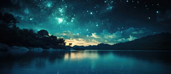 Wall Mural - Serene night landscape with vibrant blue tones reflecting on calm water under a starry sky and silhouetted mountains in the background.