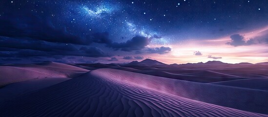 Wall Mural - Desert dunes illuminated by a blue twilight sky with stars and clouds overhead, creating a serene twilight atmosphere in the expansive landscape.