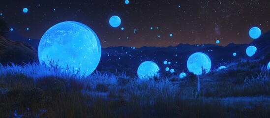 Wall Mural - Surreal night landscape featuring glowing blue orbs scattered across a dark mountainous terrain, with sparse grass in the foreground.