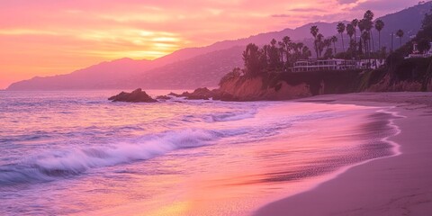 Poster - Coastal Paradise Palm Trees, Luxury Homes, and a Beautiful Ocean Sunset on a Serene Beach