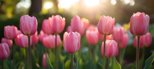 Canvas Print - Field Of Pink Tulips In Soft Sunlight. High Contrast, Vivid Colors, Creamy Bokeh Background.