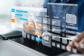project management tool concept. business people use laptop to manager working projects and update t