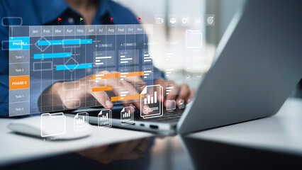 Fototapete - Project management tool concept. Business people use laptop to manager working projects and update task with Gantt chart schedule to Business plan and progress. Planning software.