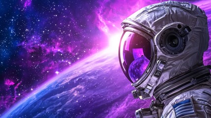 Wall Mural - A space-themed image featuring an astronaut gazing at a vibrant purple galaxy with a planet in the foreground.