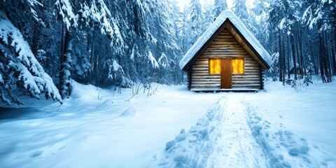Wall Mural - A cozy cabin glows warmly amid a snowy forest, surrounded by tall trees under a serene, wintery sky.
