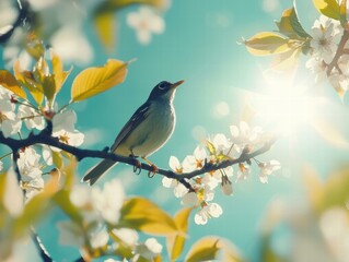 Naklejka na meble A small bird perched on a blossoming branch. AI.