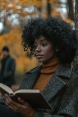 Canvas Print - Autumn reading in the park. AI.