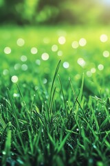 Wall Mural - Vibrant Green Grass, Dewdrops, Bokeh, Soft Focus, Dreamy Atmosphere, Natural Background