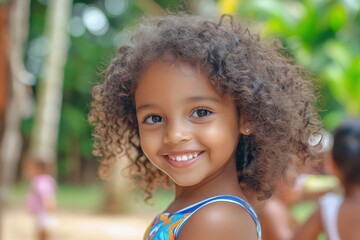 Wall Mural - A cheerful young girl with curly hair smiling at the camera in a natural outdoor setting.