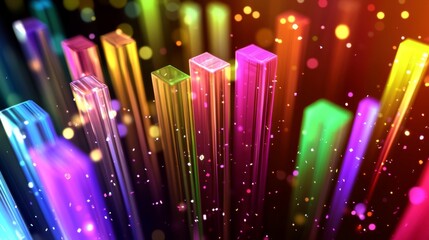 Poster - Abstract D bar graph with transparent bars in vibrant hues, rising from a grid plane, representing data visualization in a futuristic style