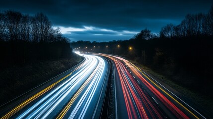 Poster - An engaging image of light trails from passing cars on a busy highway at night, with bright streaks creating a sense of movement and energy