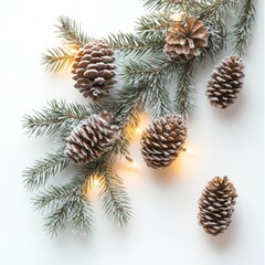 Wall Mural - Snowy pine cones and branches with lights