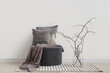 © Pixel-Shot - Decorative pillows with plaid on pouf and tree branches near light wall in room