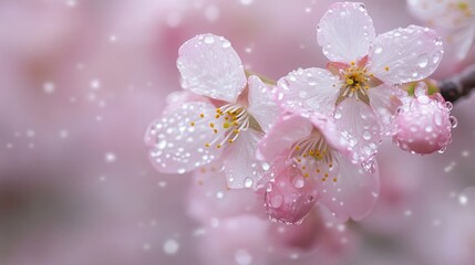 Poster - A close-up shot of cherry blossoms with dew droplets glistening on the petals, highlighting the intricate details and the freshness of spring in a serene setting