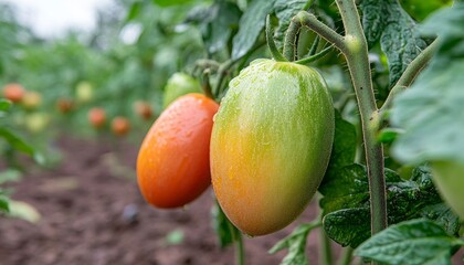 Wall Mural - Fresh Tomatoes Ripening on the Vine, Juicy Red and Green Tomatoes Growing in a Lush Garden