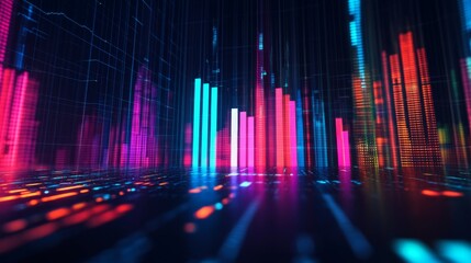 Fototapete - A futuristic financial graph in neon colors over a black background, with digital data points glowing, creating a high-tech aesthetic