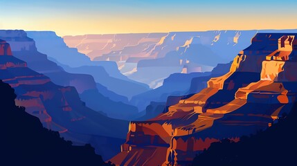 Wall Mural - A colorful illustration of the Grand Canyon, depicting the layered rock formations and a blue sky.