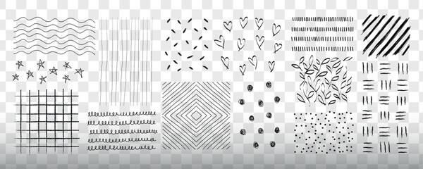 Wall Mural - white background with various black line patterns. patterns include stars, hearts, stripes, and grid