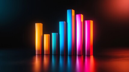 Aufkleber - Colorful D bar graph with glowing edges and subtle reflections, floating on a dark background, highlighting an advanced data visualization theme