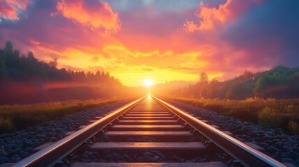 Fototapete - Electric train tracks stretching into a vibrant sunrise, rails glistening in the morning light, representing the journey and progress of clean transport