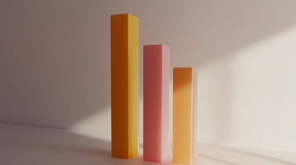 Poster - Minimalist D bar graph with tall, solid-color bars against a plain white background, casting precise shadows, creating a clean and modern aesthetic