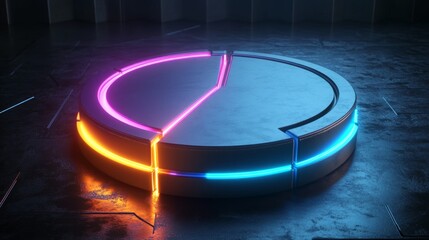 Poster - Perspective view of a D pie chart with glowing edges and neon-colored sections, floating on a dark background for a futuristic effect