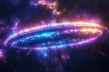 Wall Mural - A glowing spaceship flying through a nebula illuminated by multi-colored light