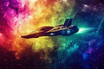 Wall Mural - The spaceship of the future is modern, glowing, flying through a nebula illuminated by multi-colored light