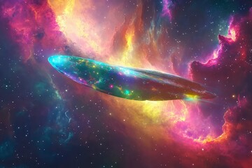 Wall Mural - The spaceship of the future is modern, glowing, flying through a nebula illuminated by multi-colored light