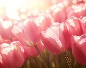 Canvas Print - Pink Tulip Paradise Vibrant Blooms Bathed in Summer Sunlight, Close-Up with Dreamy Bokeh