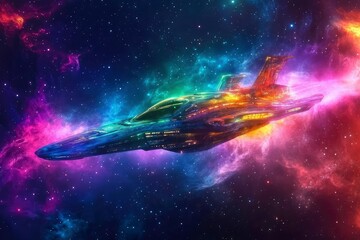 Wall Mural - The spaceship of the future is modern, glowing, flying through a nebula illuminated by multi-colored light