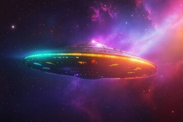 Wall Mural - The spaceship of the future is modern, glowing, flying through a nebula illuminated by multi-colored light