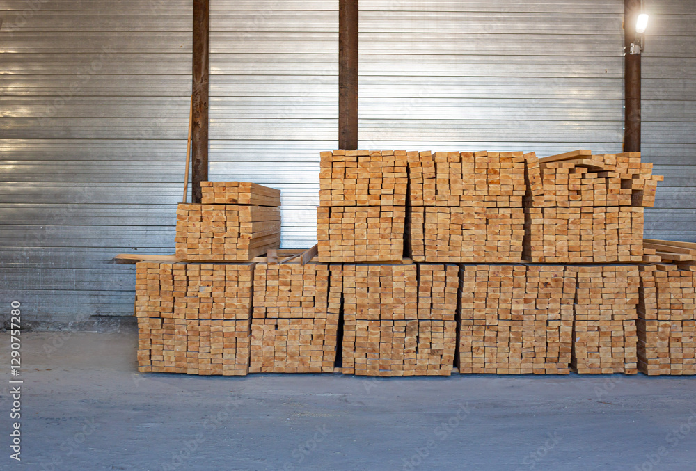 Stacked wooden planks in close-up at lumber warehouse. Air-drying ...