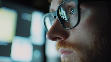 Focused Young Man Programmer Working Late Night on Computer Screen Project Development Intense Concentration Serious Expression Glasses Beard web data