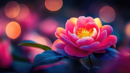 Wall Mural - Vibrant pink flower with soft bokeh lights, creating a dreamy and serene atmosphere.