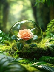 Wall Mural - A stunning rose encased in a glass sphere, surrounded by lush greenery, symbolizing beauty and tranquility in nature.