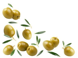 Wall Mural - green olives with green leaves isolated on white background. clipping path