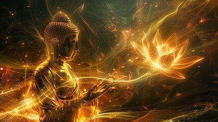 Wall Mural - A golden Buddha statue with a glowing lotus flower in its hand, surrounded by warm, ethereal light.