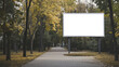 © Wasun - white billboard stands in urban park surrounded by trees and autumn foliage, creating serene atmosphere. empty space invites creativity and imagination