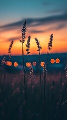 Canvas Print - Grass Silhouettes Against a Colorful Sunset With Blurred Bokeh Lights in the Background