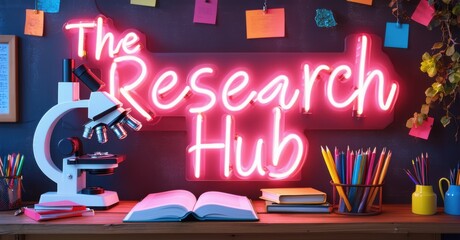 Wall Mural - Neon sign research hub microscope study materials bright colorful realistic photo