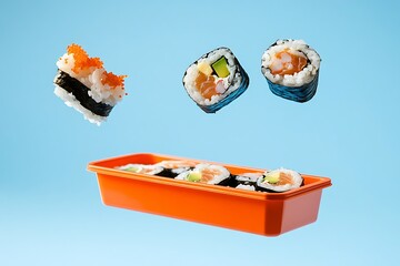 Sticker - Sushi Rolls in Orange Container - A Culinary Delight