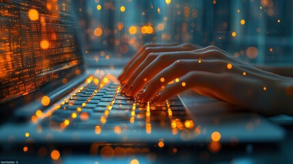 Hands typing on laptop, digital code background, night scene, for creative use