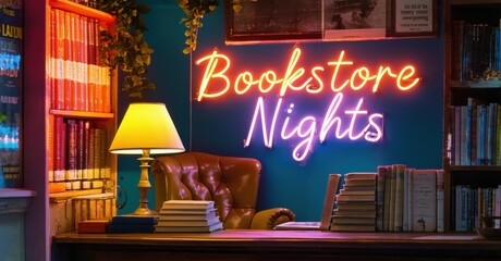 Wall Mural - Neon sign bookstore nights cozy reading chair desk lamp bright colorful realistic photo