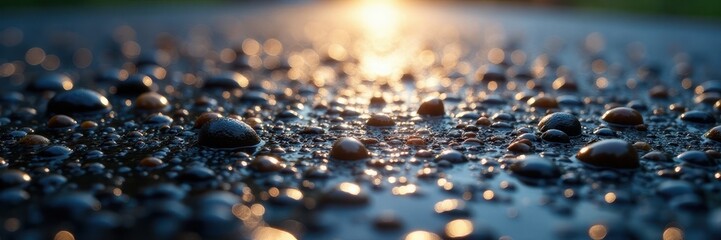 Scattered hailstones on wet asphalt, glistening in sunlight, outdoors, thunderstorm, weather