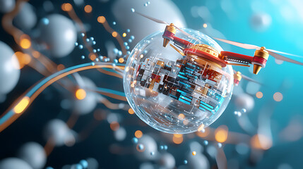 Drone exploration of quantum technology in a futuristic environment science fiction aesthetic close-up view