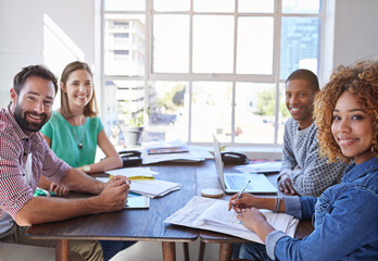 Aufkleber - People, team and meeting at startup, portrait or smile with documents, strategy or problem solving at small business. Group, men and women with tech, support or happy for diversity at creative agency