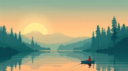 Wall Mural - A fisherman in a small boat on a lake with a sunset over a mountain range.