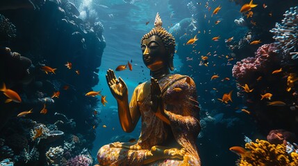 Wall Mural - A golden Buddha statue sits underwater surrounded by coral and fish.